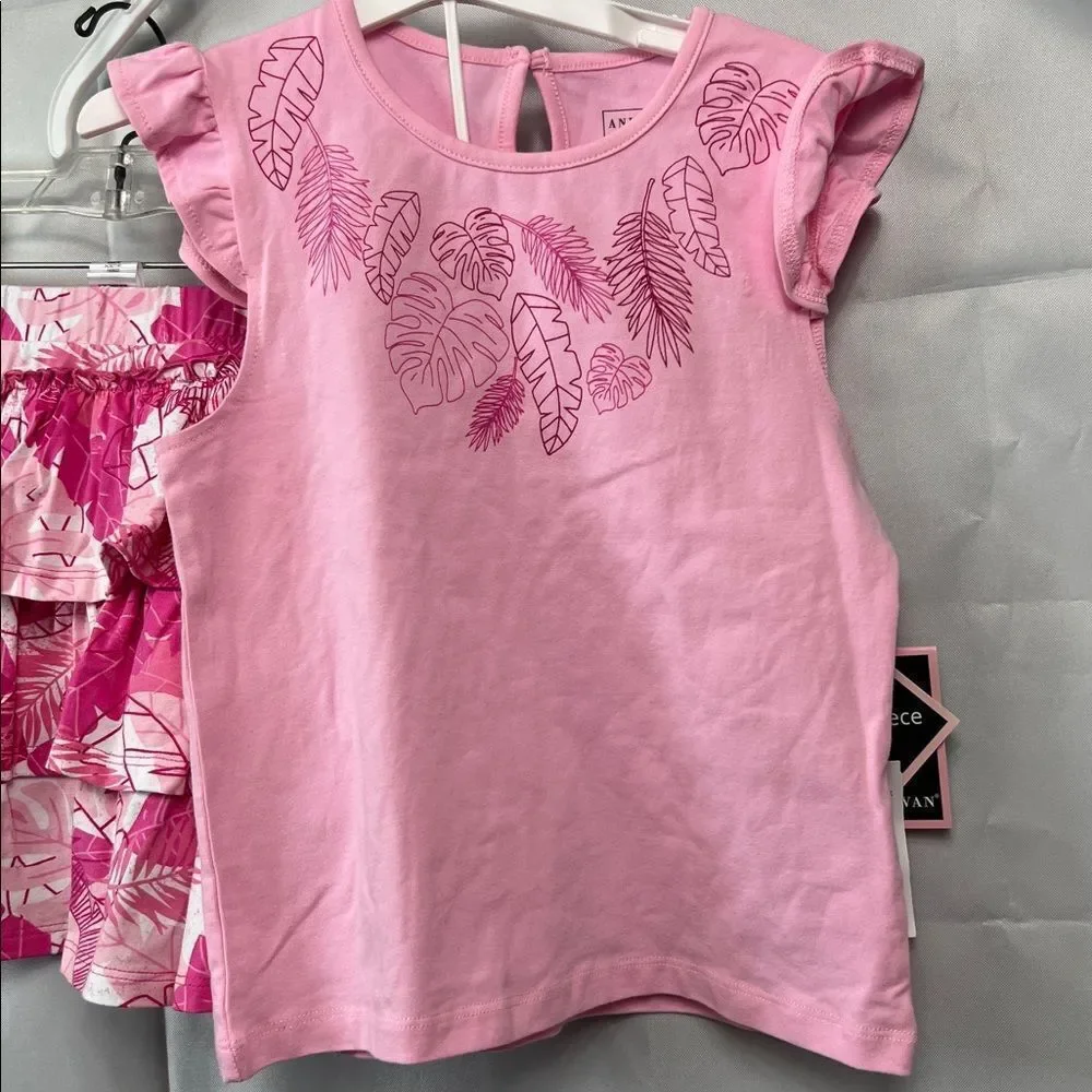 Andy And Evan pink 2-piece ruffle skirt set with shorts underneath pink palm NWT